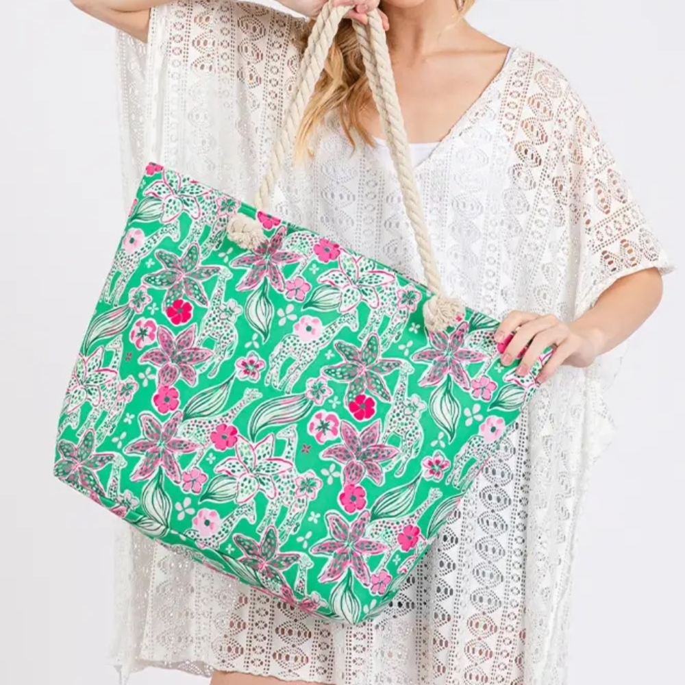 Green and Pink Tropical Tote Bag